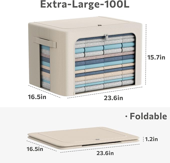 CYhom 3Pack Frame Storage Box - Clothes Storage Bin Bags Oxford Fabric Foldable Stackable Container Organizer Set with Clear Window & Carry Handles Large Capacity (Beige, Extra Large-100L)