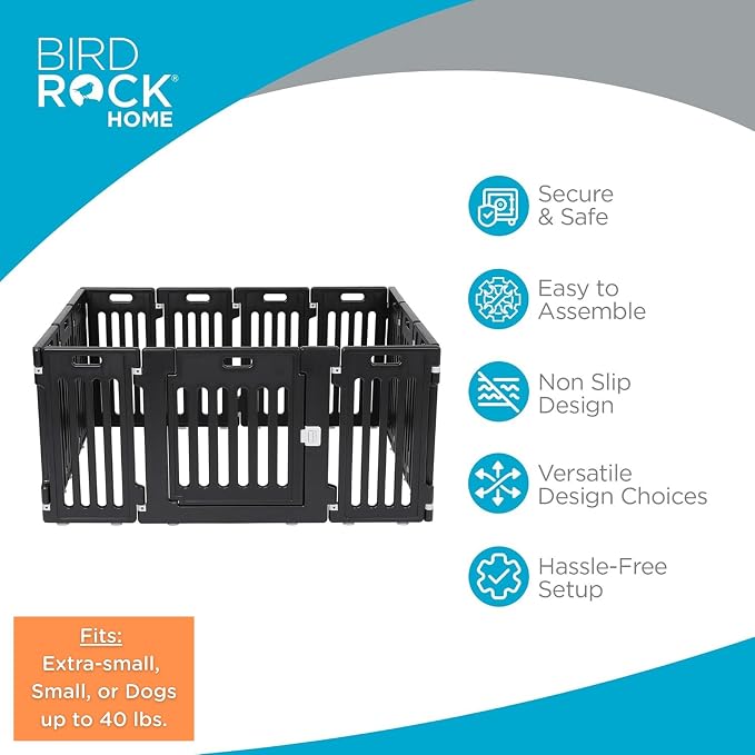 BIRDROCK HOME Dog Playpen w/Door, 12 Panel, 25.6in H | Strong Plastic, Non-Slip Puppy Playpen, Secure Pet Gate | Indoor Outdoor Fence | Configurable Panels | Small to Medium Pets - Black | 13-Panel Durable Plastic Playpen for Puppies and Small Dogs, Pe...