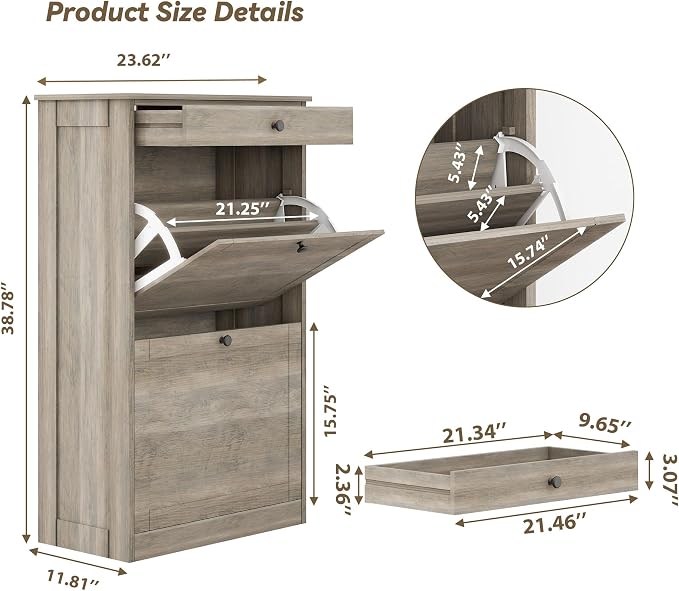 Shoe Cabinet with 2 Flip Drawers, Freestanding Shoe Storage Organizer | Narrow Shoe Rack with Drawers, Slim Shoe Cabinet for Entryway, Closet, Hallway, Living Room, Rustic Gray