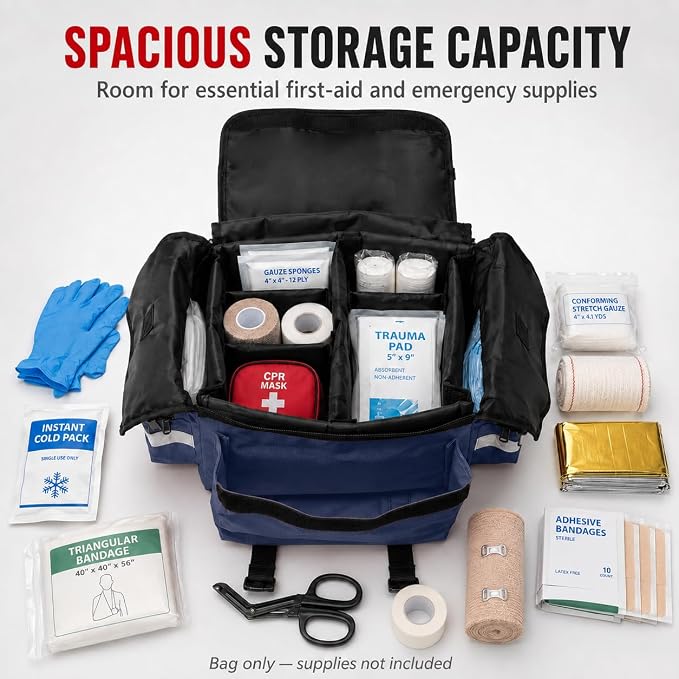 NOVAMEDIC NM-RO63P Professional First Responder Bag, 17” x 9” x 7” Empty EMT Trauma Kit Carrier with Removable Dividers, Reflective Strips, Water-Resistant Base for Emergency Medical Supplies (Blue)