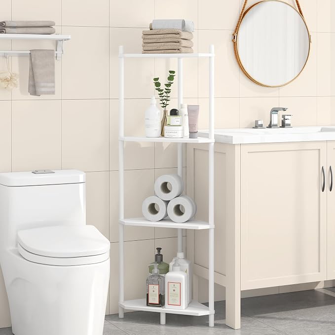 Wisuce White Small Corner Shelf Stand, 4-Tier Bamboo Corner Bookshelf | Space-Saving Narrow Corner Shelf | Bathroom Corner Shelf | Shelves for Bedroom, Living Room, Kitchen & Plant Display