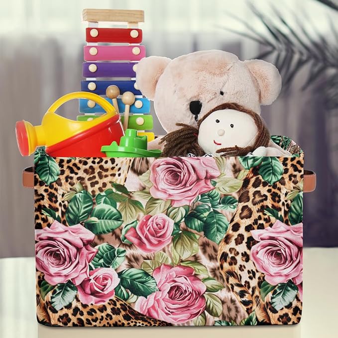 Leopard Print Floral Flower Storage Basket Storage Cube Basket Bin | Collapsible Cloth with Handles Rectangular Toys Nursery Bedroom Home Office