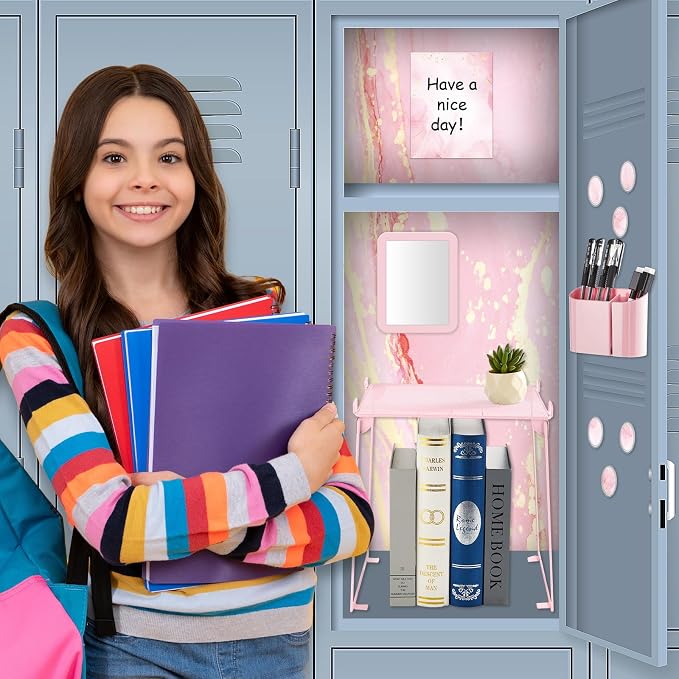 13 Pcs School Lockers Magnetic Decor Locker Accessories Kit with Magnetic Pink Marble Print Whiteboard Locker Shelf Mirror Pen Holder Buckle Sheet Organizer Decoration Essential Back to School Supply