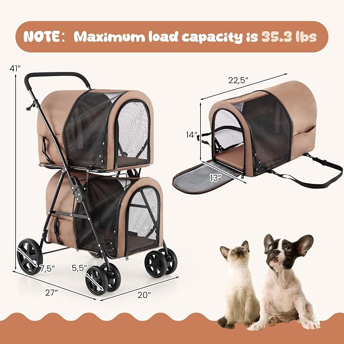 Dog Stroller with 2 Detachable Carrier, Pet Stroller for Small Medium Dogs Cats, Jogger/Travel/Camping, 4-in-1 Doggy Pet Carrier, Carrier Strolling Cart with Lockable Wheels (Beige)