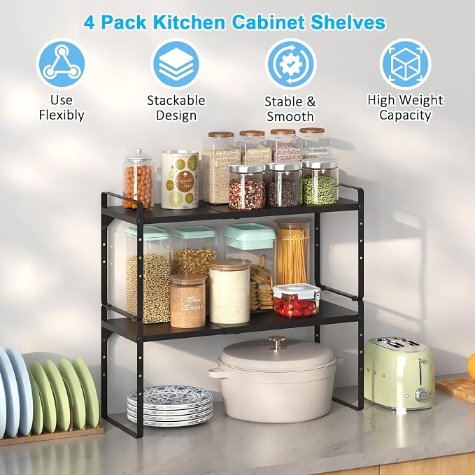 15.5 to 25.5 Inch Kitchen Cabinet Shelf Organizers，Kitchen Shelf Organizer | Adjustable Counter Organizer, Set of 4 Expandable Countertop Storage Shelves, Stackable Design, 30LBS Heavy Duty, Space Saver