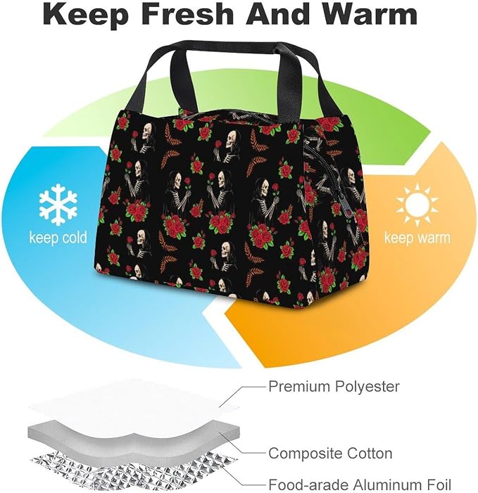 Leakproof Insulated Lunch Bag, Skeleton Love Roses Flowers | Large Capacity Cooler Tote Bags, with Zipper Closure, Versatile Food Carrier Bag, for Picnic Climbing Fishing