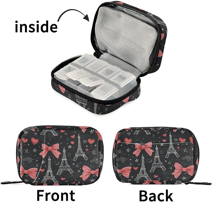 Fustylead Hand Draw Eiffel Towers Hearts Stars Red Bow Tie Travel Pill Organizer Bag with Zipper Small Pill Box 7 Day Pill Case for Purse Storage Weekly Vitamin Medicine Supplement
