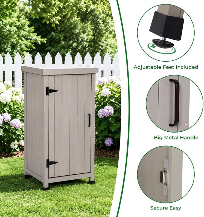Small Outdoor Storage Cabinet with Metal Top | Wooden Potting Table & Garden Workbench | Weatherproof Gardening Table| Space-Saving Potting Bench for Patio, Backyard Gardening Tools