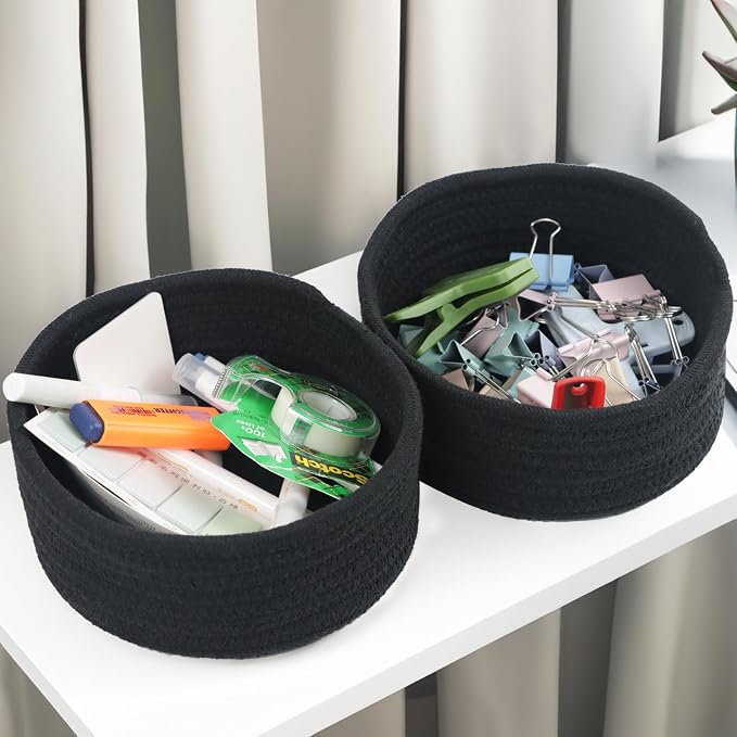 Small Woven Cotton Rope Baskets, Set of 3, Black | Mini Round Baskets, Gift and Storage Baskets, Nursery Organizer, Bathroom Countertop Bins, Decorative Boho Decor