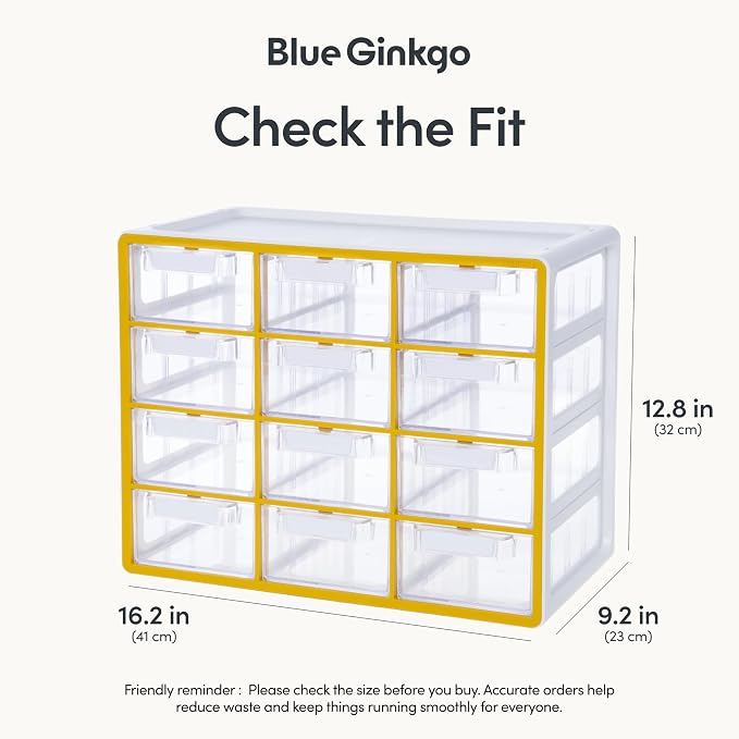 Blue Ginkgo 12-Drawer Storage Cabinet Organizer, Yellow, Made in Korea | Stackable. Adjustable. Easy Visibility.