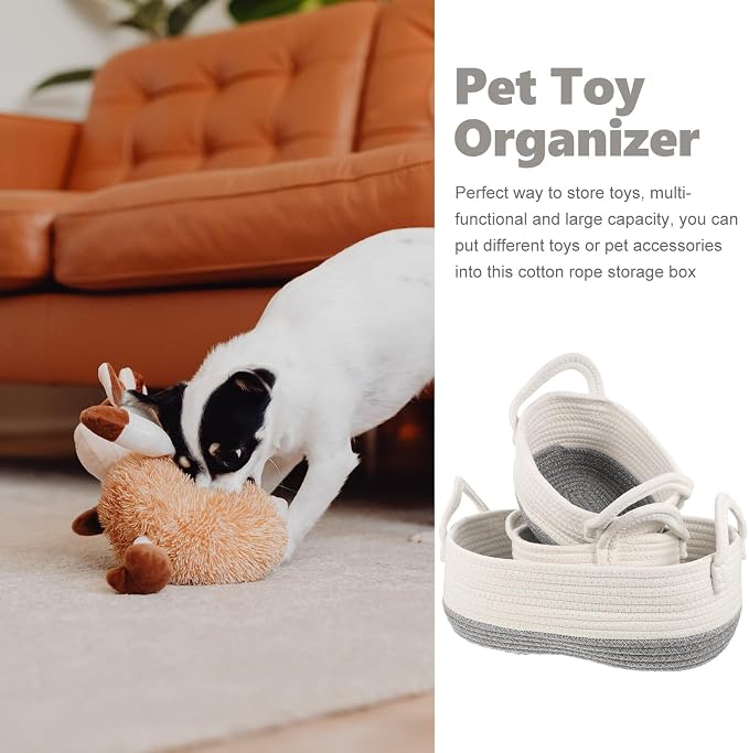 3pcs Woven Cotton Rope Storage Basket Set, Multipurpose Dog Organizer Containers for Pet Supplies, Sturdy Wicker Bins for Home and Nursery Storage