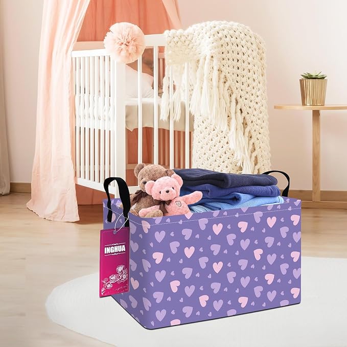 Rectangular Purple hearts Storage Basket | Gifts Bag for Toys,Books,Clothes,Gifts,Pets-Perfect for Home,Office,Nursery,Dorm,Shelf