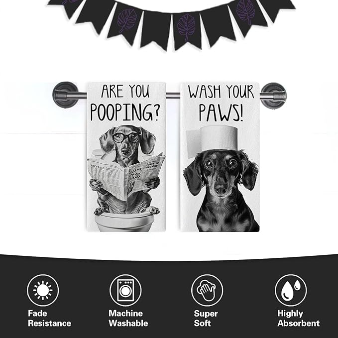 Funny Dachshund Dog Bathroom Kitchen Dish Towels Set of 2, are You Pooping Toilet Drying Hand Towel Baking Cooking Cloth, Wash Your Paws Hands Washroom Restroom Home Decoration 18'' x 26''