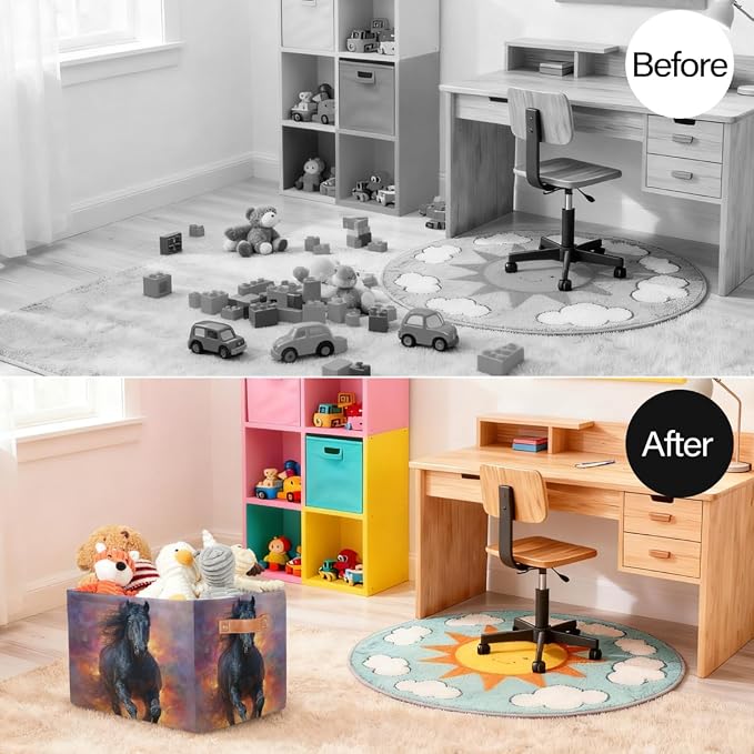 Pardick Storage Baskets Bin, Flame Animals Horse Collapsible Canvas Fabric Storage Bin Decorative Baskets Toy Organizer Rectangle Storage Boxes with handles for Home Shelves Nursery,Q-13
