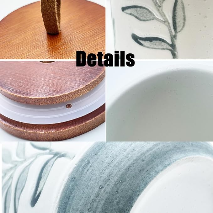 10oz Ceramic Airtight Food Storage Container with Wooden Spoon for Sugar,Matcha,Salt,Coffee,Spices,Cat Treat,Loose Leaf Tea(Gray-Green Olive Leaves)