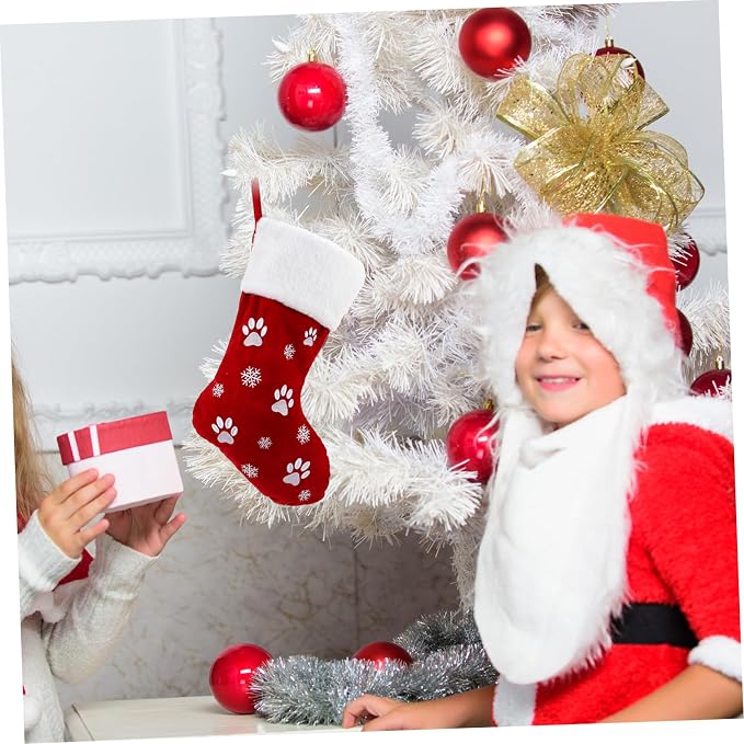 1pc Christmas Stocking Decor Pet Paw Print Embroidered Hanging Sock for Holiday Decorations Adorable Candy Storage for for Boys and Girls Christmas