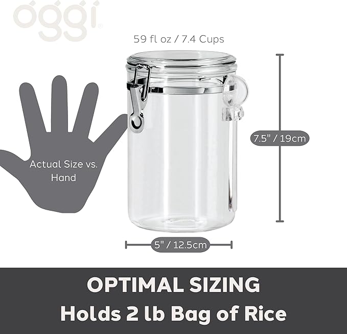 OGGI Clear Canister Airtight 61oz - Clamp Lid & Spoon - Airtight Food Storage Containers, Ideal for Kitchen & Pantry Storage of Bulk, Dry Food Including Flour, Sugar, Coffee, Rice, Tea, Spices & Herbs