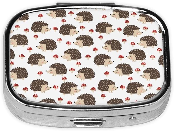 Discreet Pill Organizer Mini Pocket Case Medication Holder Business Meeting Concealed Carry, Autumn Hedgehogs Leaves Mushrooms