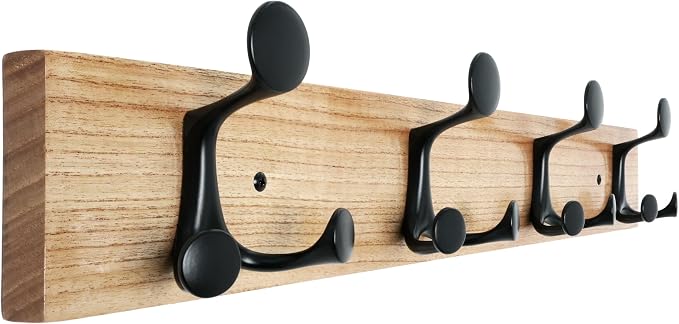 SKOLOO 24-Inch Wood Coat Rack Wall Mount with 4 Triple Hooks - Ideal for Family Entrances, Classrooms, and Pet Supplies Storage - Perfect Coat Hooks for Wall, Black on Natural