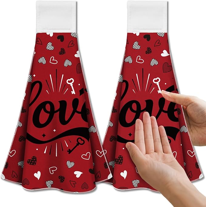 CUTHOLLOW Love Design Hanging Kitchen Towels with Loop, Set of 2 - Soft & Super Absorbent Microfiber Decorative Dish & Hand Towel, Tea, Coffee Towel for Kitchen Bathroom Oven Handle