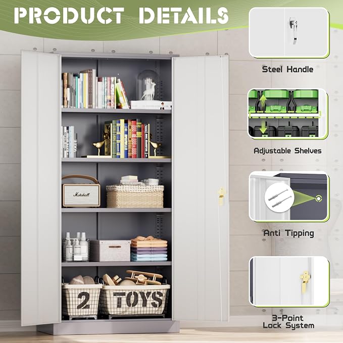 Crownland 72" Lockable Metal Storage Cabinet, Garage Storage Cabinets, High Office Cabinet with Adjustable Shelves for Garage, Home Office,Pantry, File(Grey White)