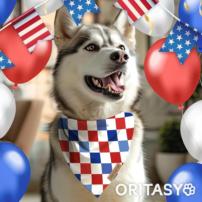 Checkered 4th of July Dog Bandanas, 2-Pack Triangle Reversible Pet Scarves, Premium Fabric, US American Flag Bandana for All Dogs (Large, Style 25-1)
