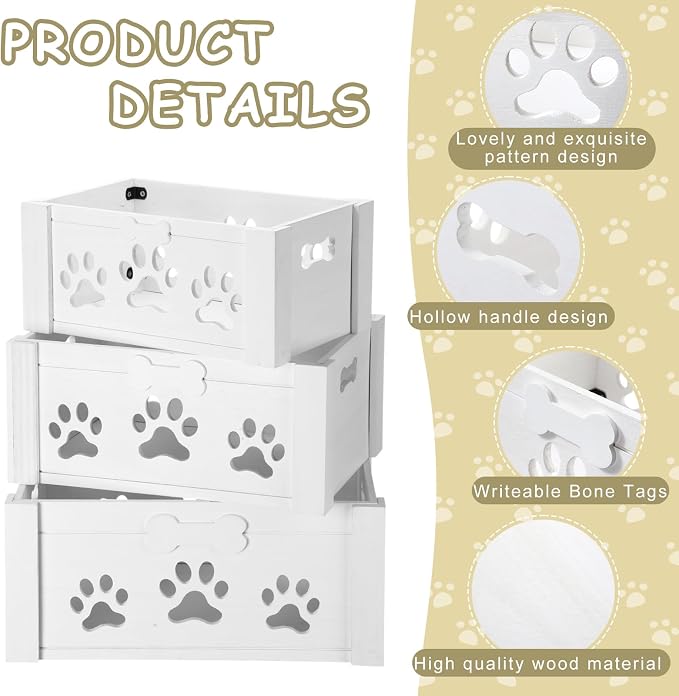 Briwooody 3 Pack Dog Toy Bin Wood Large Dog Toy Basket with Handle and Bone Tags Multi-size Hollow Claw White Wooden Storage Crates for Chew Pets Blankets Food Leash Display Accessories