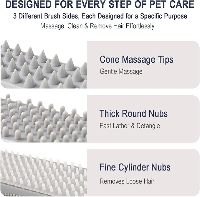 Triangular Wrap-Around Pet Grooming & Bath Brush for Dogs & Cats – 3-in-1 Silicone Dog Bath Brush with Deshedding Bristles, Massage Cones & Deep Cleaning Nubs, Soft Flexible Self-Cleaning Design,Gray