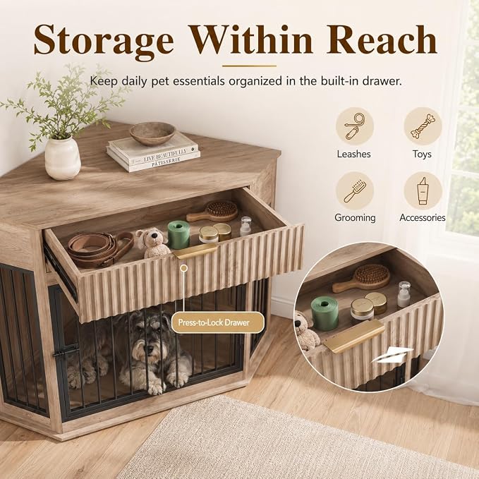 Corner Dog Crate Furniture with Fluted Drawer | MDF & Steel, Medium Dogs 26-40 lbs, Modern decorative pet house
