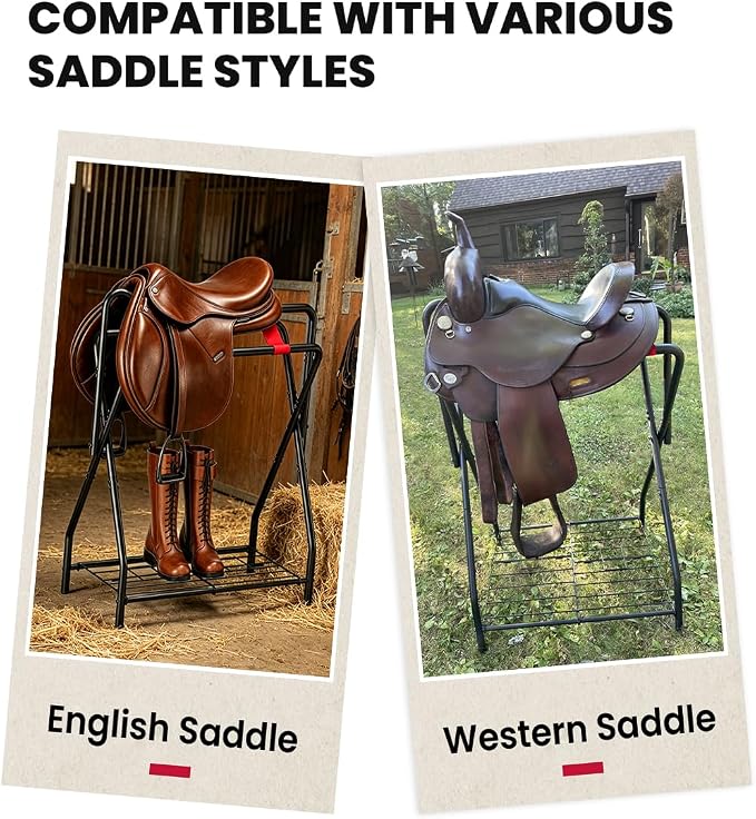 Portable Saddle Rack for English and Western Saddles, Folding Horse Saddle Stand with Bottom Storage for Horse Stable Equipment, Saddle Pad Rack, Black | Portable, High-grade Steel