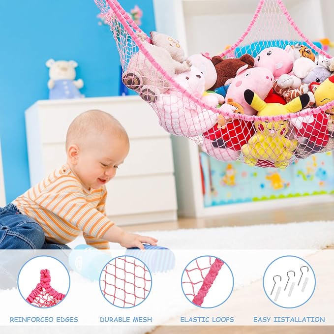 Stuffed Animal Hammock, Toy Hammock Net, LXUNYI Wall Corner Mesh Toy Net Giant Baby Kids Children Stuff animals Hammocks Storage Hanging Net Organizer (Rose, 84 inch)