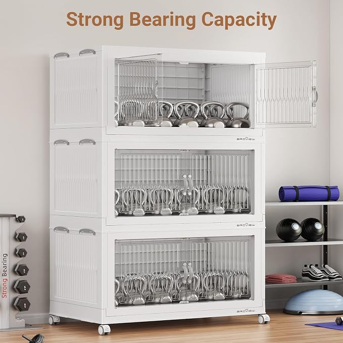 BROVIEW 800Qt Stackable Storage Bins with Lid for Home Dorm, 4Pack White | Closet Organizers, Foldable & Collapsible Cabinets, Large Containers, Wheels & Magnetic Doors, Plastic Drawers for School