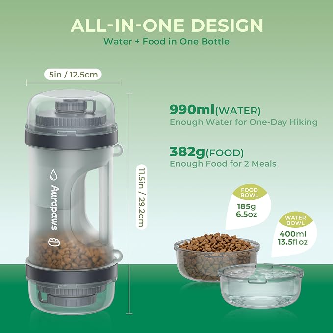 33.5oz Portable Dog Water Bottle for Travel Hydration&Food Feeder | 13.5oz Food Storage, 13.5oz Water Dispenser Bowl, 6.5oz Food Container, Leak-Proof, for All Breeds, Outdoor, Walking, Hiking