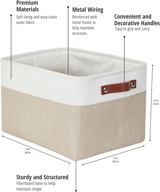 DECOMOMO Storage Bins, Large Fabric Storage Baskets for Shelves 4 Pack | 15 x 11 x 9.5 inches Decorative Linen Closet Organizers (Beige & White)