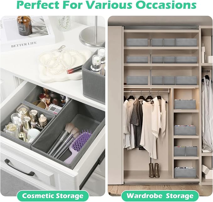 Drawer Clothing Organizer 16-Pack, Grey Underwear Dividers | Multiple sizes Fabric Folding Wardrobe Organizer, Storage Bins Store Baby Clothes, Bras, Underwear, Panties, Belts,Socks,Ties