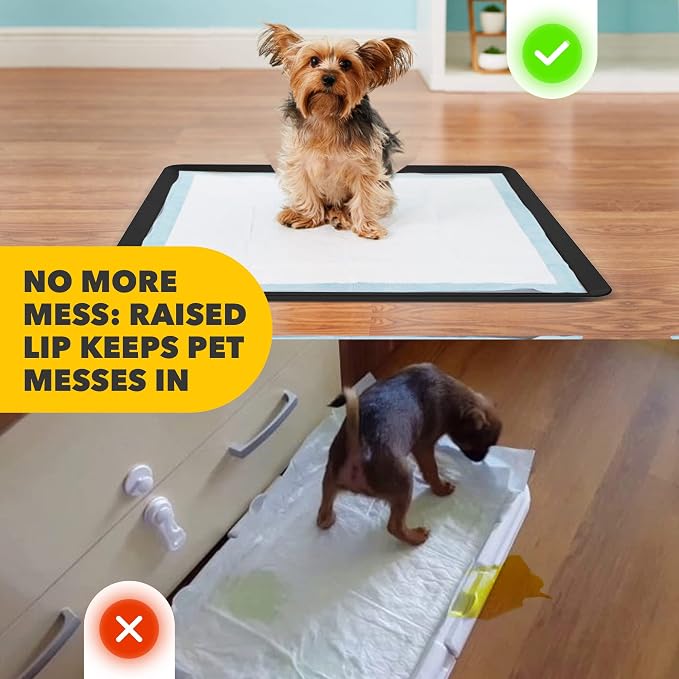 Dog Pee Pad Holder - Fits Up to 24” x 24” Pee Pad - 2 Pack - Black | Stable Grip, Raised Edges, Quick-Wipe Silicone Surface Dog Potty Tray Holder for Indoor Flooring Protection