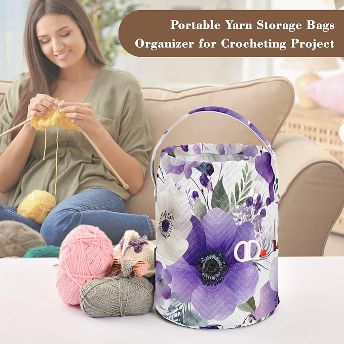 Tatenale Crochet Bag Yarn Bag Knitting Project Bag with Pockets and Handle Portable Yarn Storage Organizer Tangle Free 8.3x11 InchBlue and White Silver Lotus Flowers and Berries20