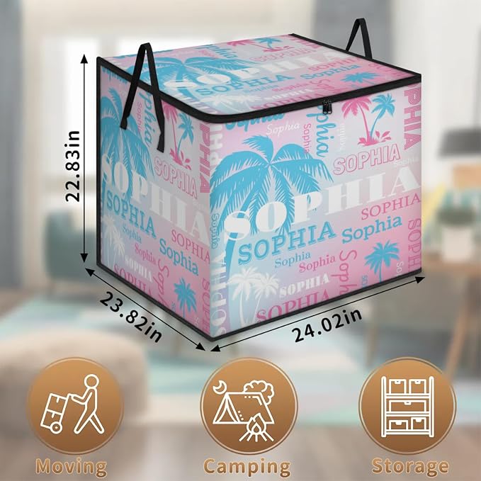 Personalized Name Foldable Storage Basket Cubes with Lid, Clothes Pet Toys Storage Bin with Handles for Shelf Home Closet Kitchen, Light Blue White Palm Trees Light Pink White Background
