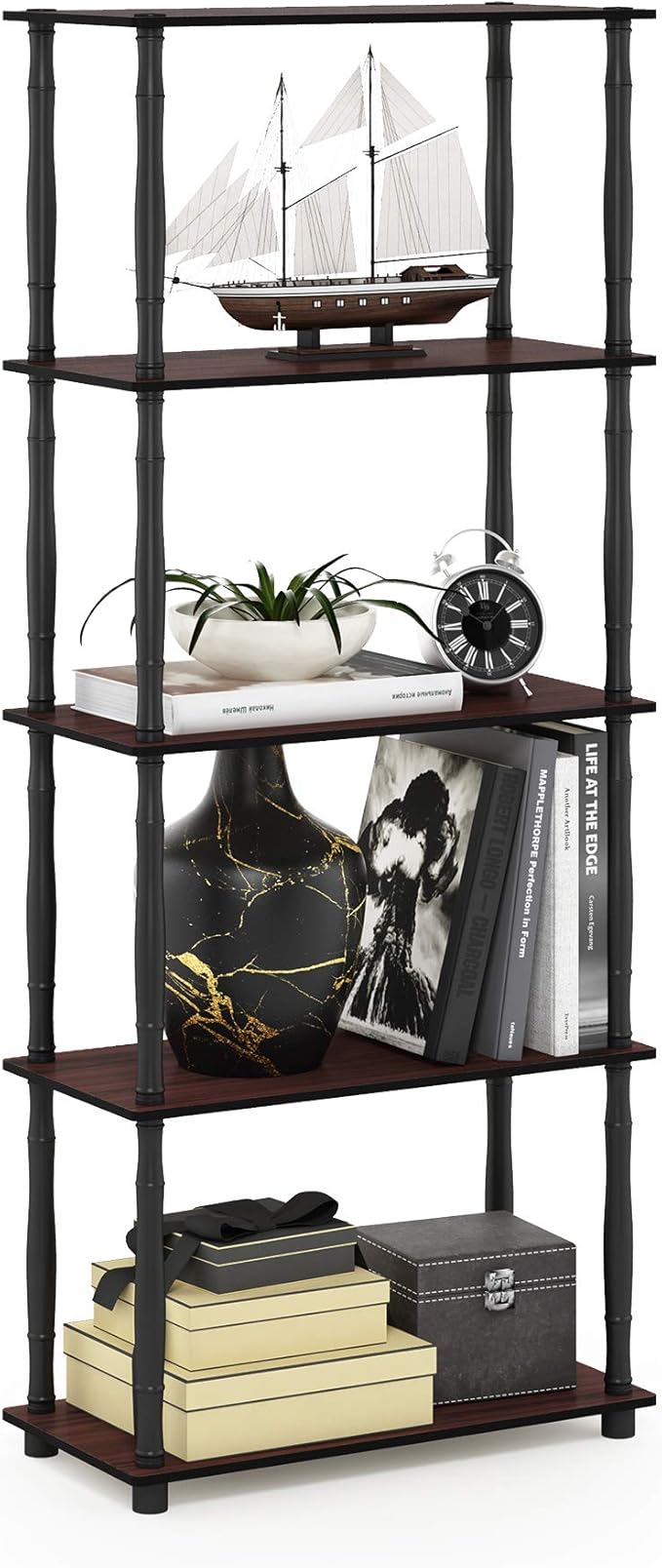 Furinno TURN-S-TUBE Storage Shelves, 5-Tier Book Shelf, Corner Shelf, Toolless Open Shelves, Classic Tubes, for Organization and Storage, Living Room, Garage, Home Office, Dark Cherry