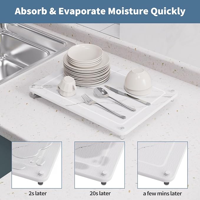 Dish Drying Stone, Water Absorbing Stone Dish Drying Mats for Kitchen Counter, Non-Slip Stone Drying Sink Tray Pad for Dish Bottles Cups, Diatomaceous Earth Sink Caddy Organizer, White Marble