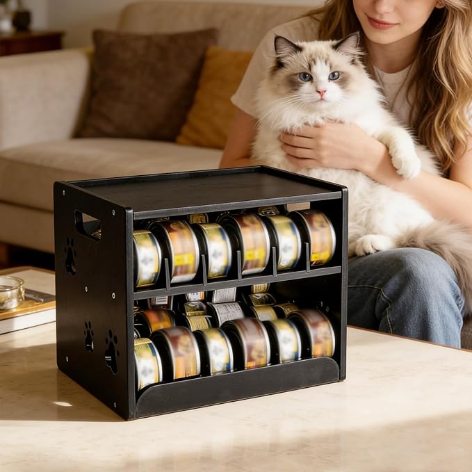 JALZ JALZ Bamboo Cat Food Can Dispenser 2-Tier Gravity Pet Food Storage Rack | Made of durable, natural bamboo that complements any kitchen or pantry decor
