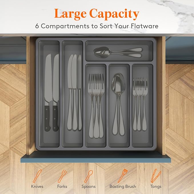 Lifewit Silverware Organizer with Lid, Covered Utensil Tray, 12.6x11.8 | Plastic Cutlery Storage Box for Kitchen Drawer and Countertop, Flatware Case Holder for Spoons Forks Knives, Gray