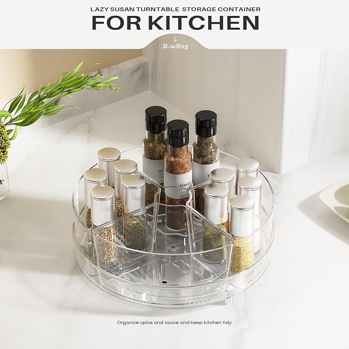 Lazy Susan Organizer, 9 inch Rotating Storage Organizer with Removable Bins | 360 Degree Rotating Storage Organizer with 4 Removable-Bins,Turntable Organizer for Fridge, Kitchen, Vanity, Cabinet