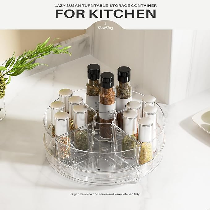 2 Pack Lazy Susan Organizer, 9 inch Rotating Storage Organizer with Bins | Degree Rotating Clear Turntable with 4 Removable Bins, Lazy Susan Turntable Organizer for Fridge, Kitchen, Vanity, Cabinet