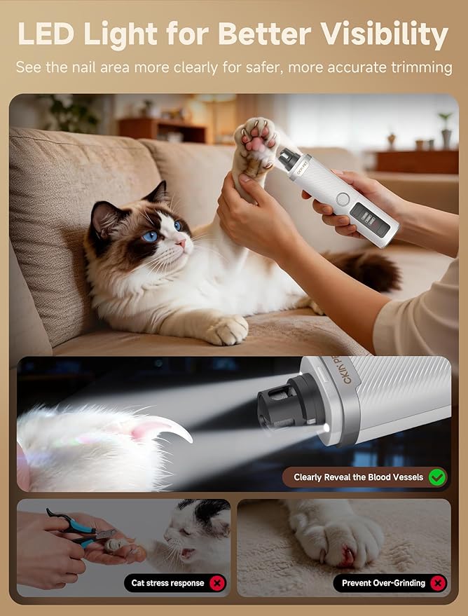 Dog Nail Grinder, Quiet Electric Dog Nail Trimmer with 2 LED Lights, 3-Speed Pet Nail Grinder for Dogs & Cats, Rechargeable 2000mAh Nail Grinder for Small Medium Large Dogs with Light, White