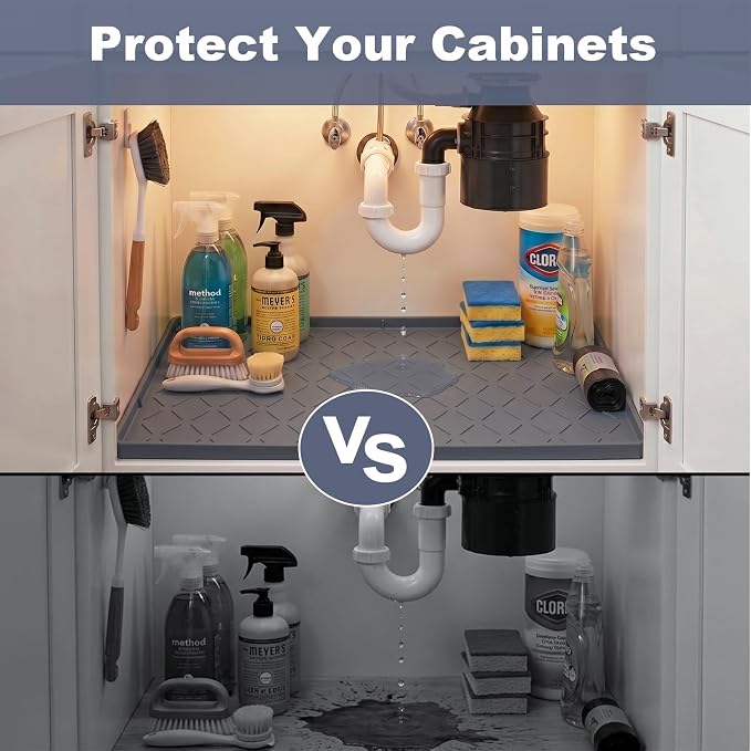 Extra Thick Under Sink Mat Waterproof with Raised Edge 31" x 22" | Silicone Multipurpose Mat for Kitchen, Bathroom, Pet Feeding, Shelf Protection & Organization, Boot & Plant Tray