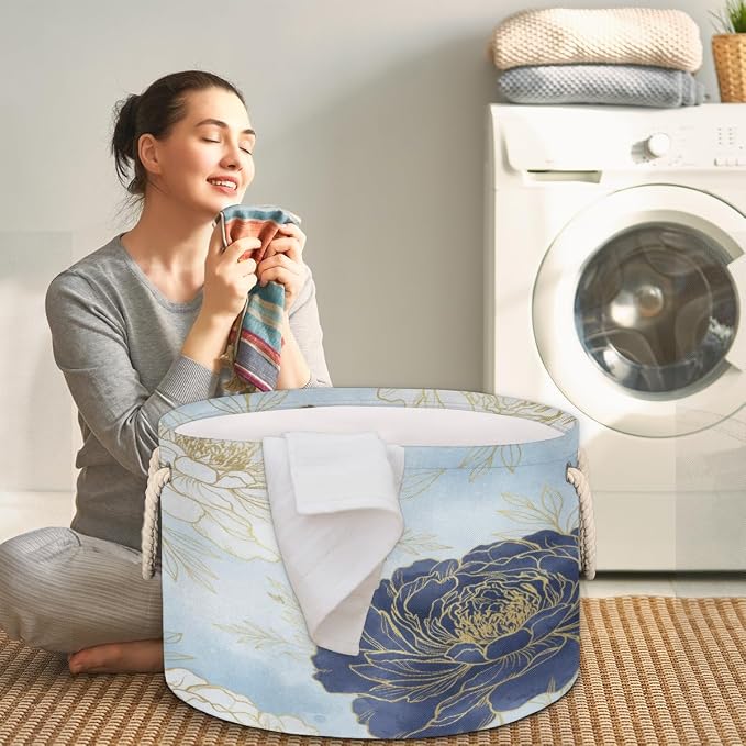 Large Storage Baskets - Blue Gold Peony Floral Nursery Organizer Bin Box with Handles Collapsible Round Laundry Hamper for Kids Toys Pet Blanket, Bedroom Living Room Home Decor Gift Basket