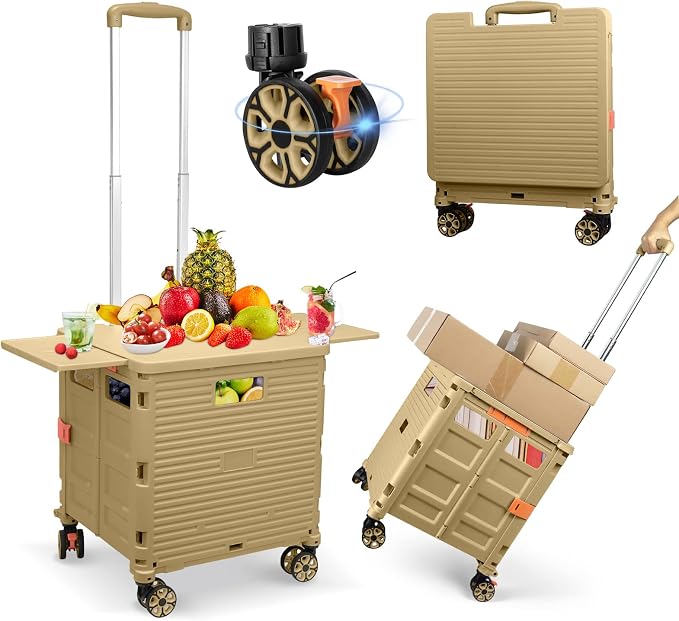 FELICON SELORSS Folding Utility Cart Portable Rolling Crate Handcart-Khaki | Magnetic Sliding Lid,Telescoping Handle,Plastic Box Dolly,360°Swivel Wheels for Travel Shop Move Laundry Office Teacher Use