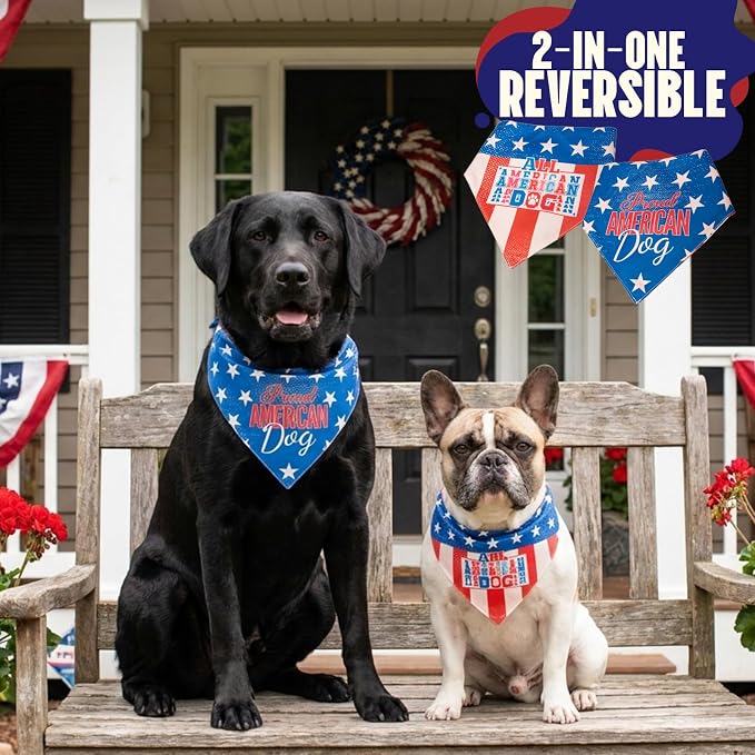 4th of July Dog Bandana, 2-in-1 Vintage American Flag with Fun Slogan Reversible American Flag Triangle Scarf, Adjustable Snap Button Patriotic Neckwear for Small & Medium Breeds (5-30lbs)