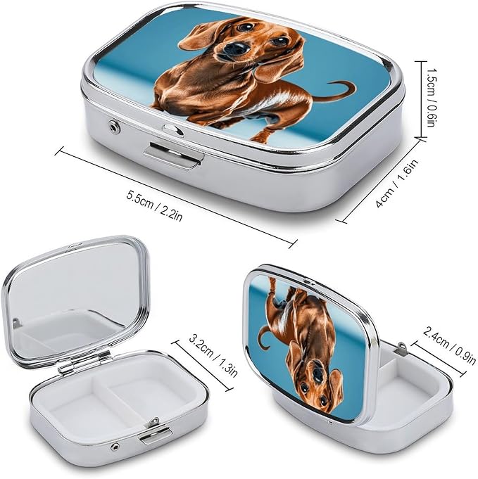 Pill Box Dachshund Weiner Pet Dog Travel Pill Organizer 2-Compartment Portable Medicine Case with Mirror Design for Vitamins, Jewelry & Essentials Durable Pocket Pillbox for Purse, Camping